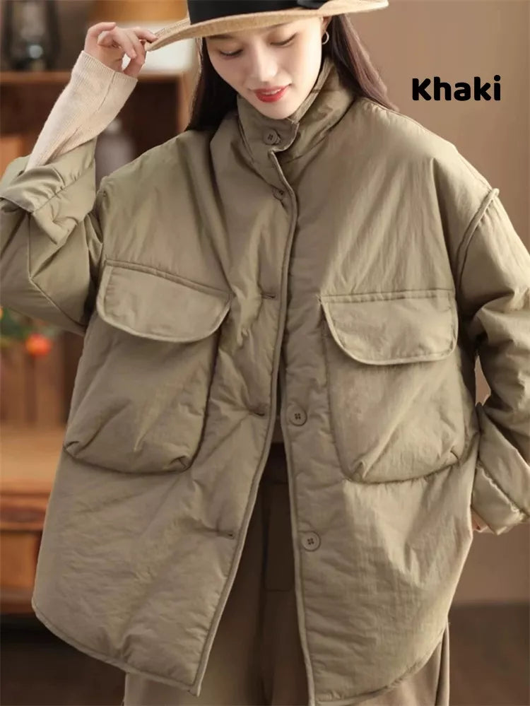 Women's Oversized Cargo Padded Jacket Stand Collar Windproof with Large Pockets
