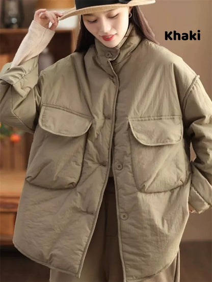 Women's Oversized Cargo Padded Jacket Stand Collar Windproof with Large Pockets