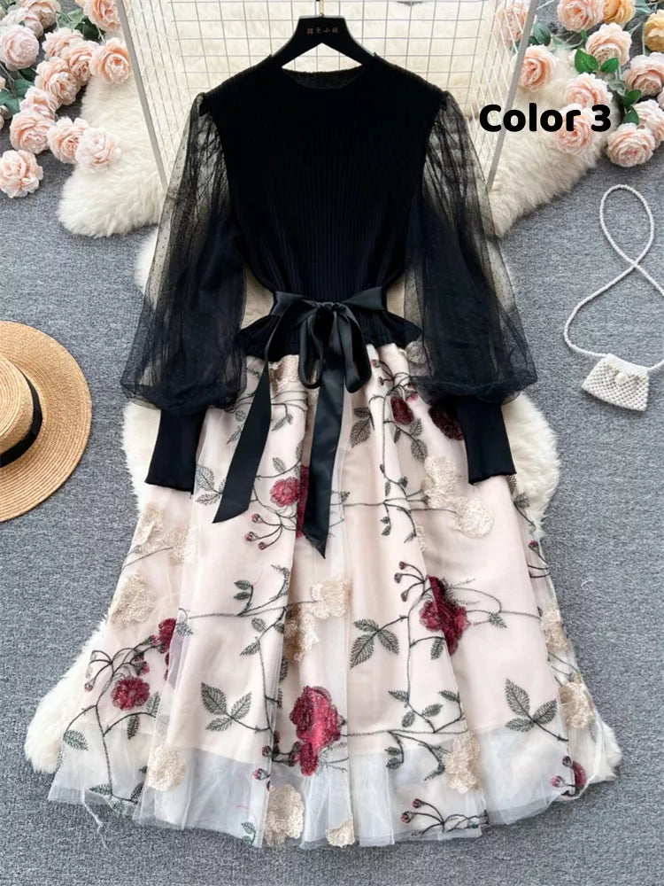 Elegant French Style Knitted Spliced Floral Mesh Dress