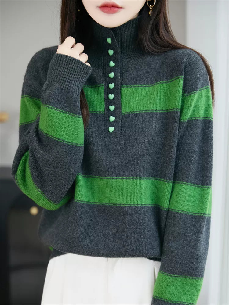 Women's Vintage Grey & Orange Striped Mock Neck Half-Button Sweater