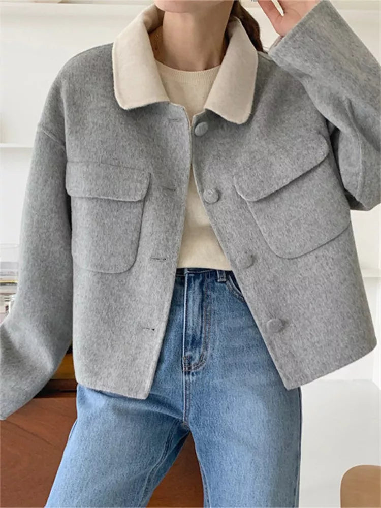 Women's Vintage Grey Woolen Short Jacket with Contrast Cream Collar