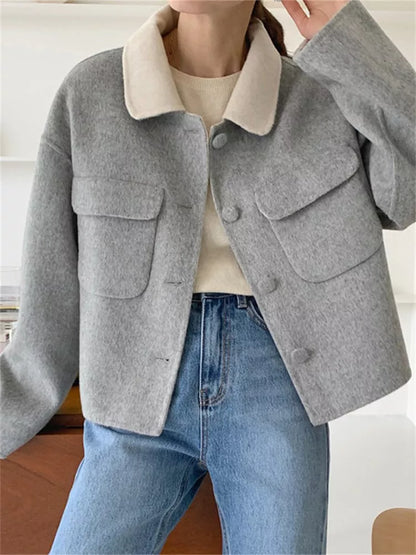 Women's Vintage Grey Woolen Short Jacket with Contrast Cream Collar