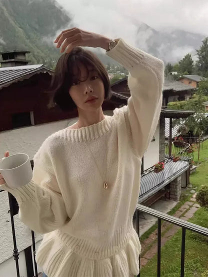 Women's Soft Cream Knit Ruffled Peplum Sweater