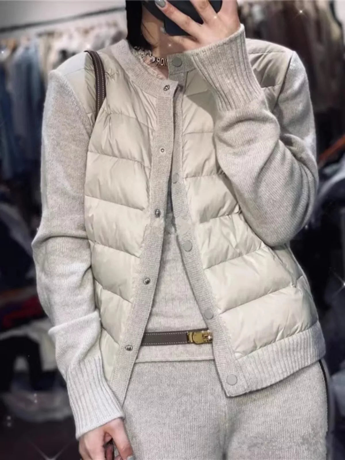 Women's French Chic Beige Knit Spliced Puffer Jacket