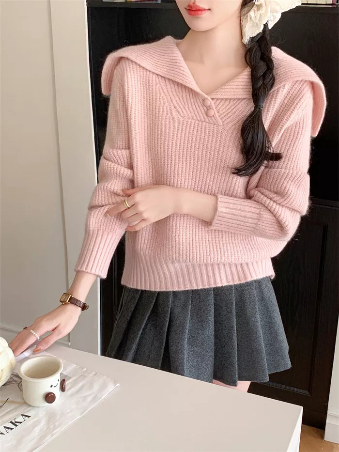 Women's Sweet Pink Sailor Collar Knitted Sweater