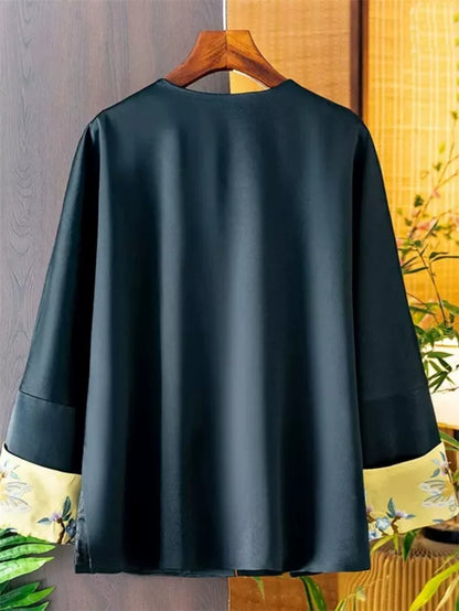 Women's Vintage Green Chinese Style Floral Embroidered Satin Blouse Traditional Zen Frog Button Jacket