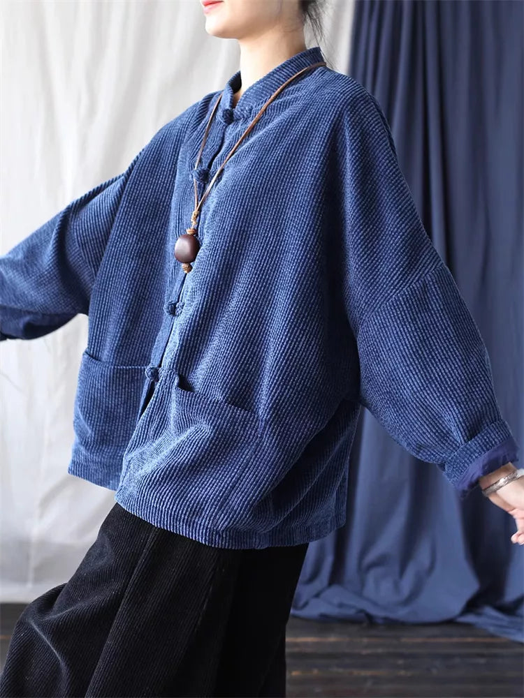 Women's Vintage Pink Corduroy Frog Button Loose Zen Blouse