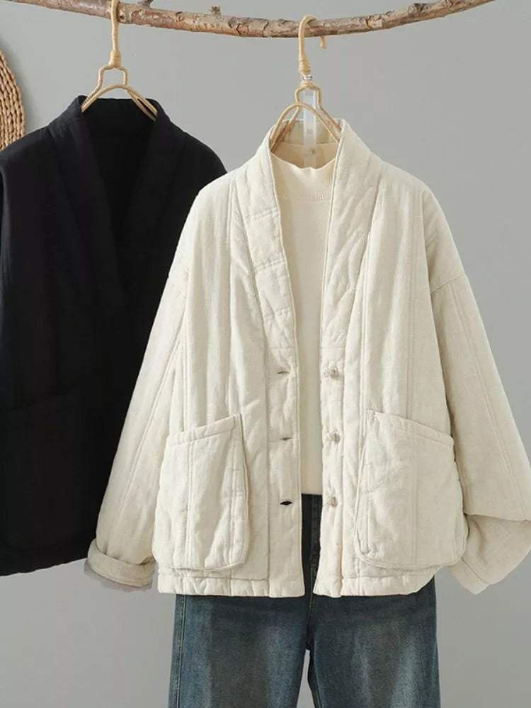 Women's Zen Style Cotton Linen Padded V-Neck Frog Button Quilted Winter Coat