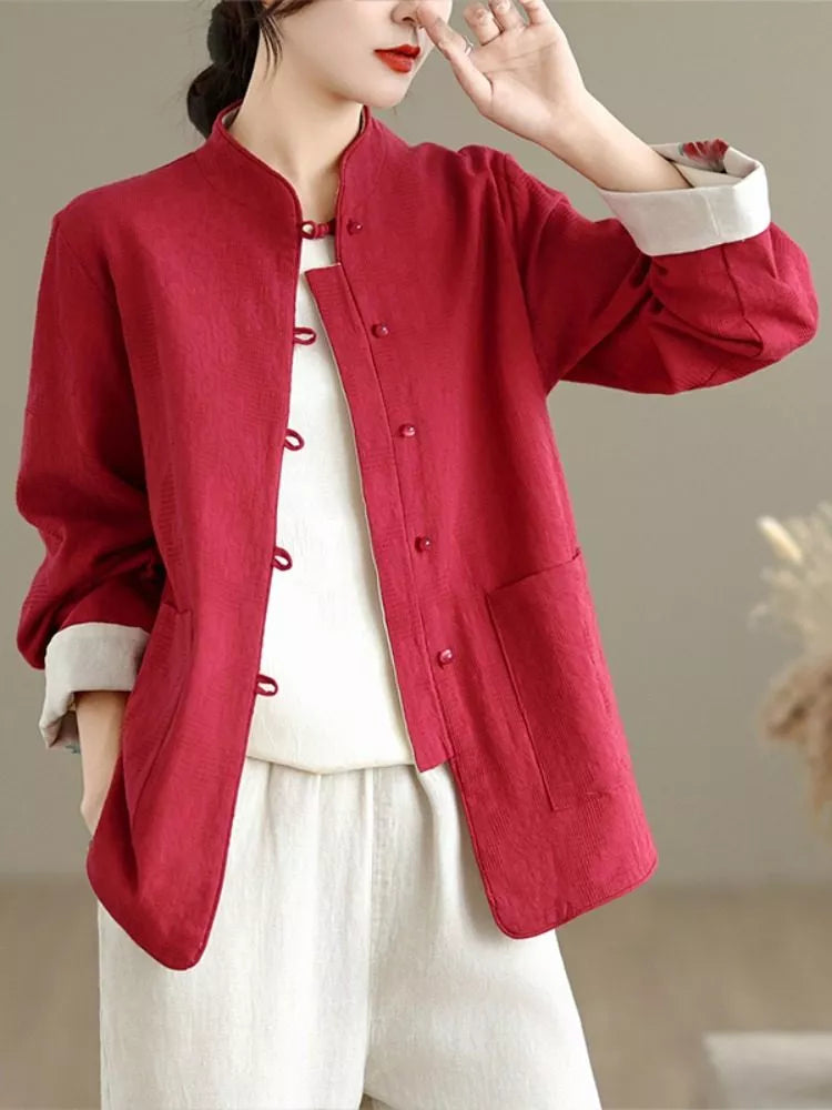 Women's Reversible New Chinese Style Pomegranate Floral Frog Button Stand Collar Coat