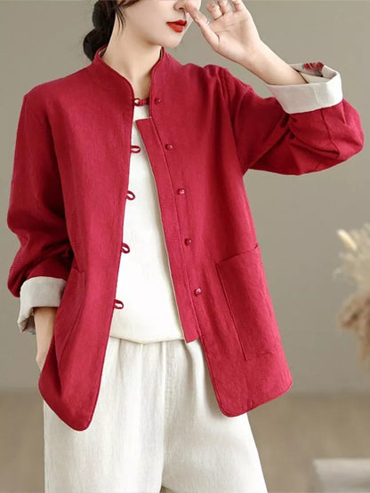 Women's Reversible New Chinese Style Pomegranate Floral Frog Button Stand Collar Coat