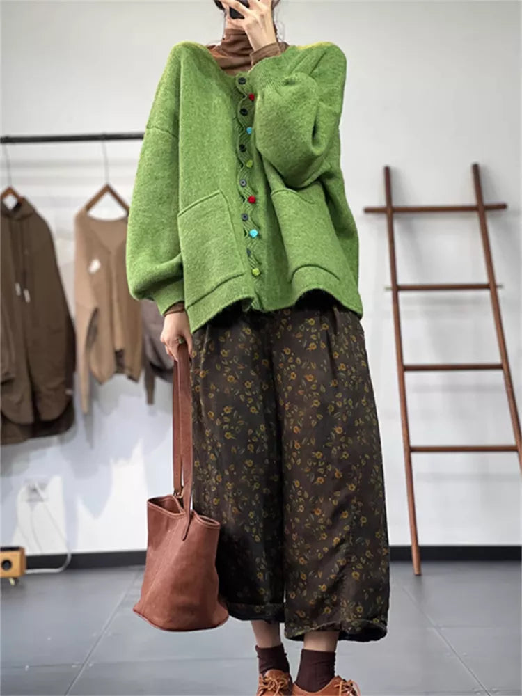 Women's Vintage Green Wool Blend Cardigan with Cute Colorful Buttons and Wavy Placket