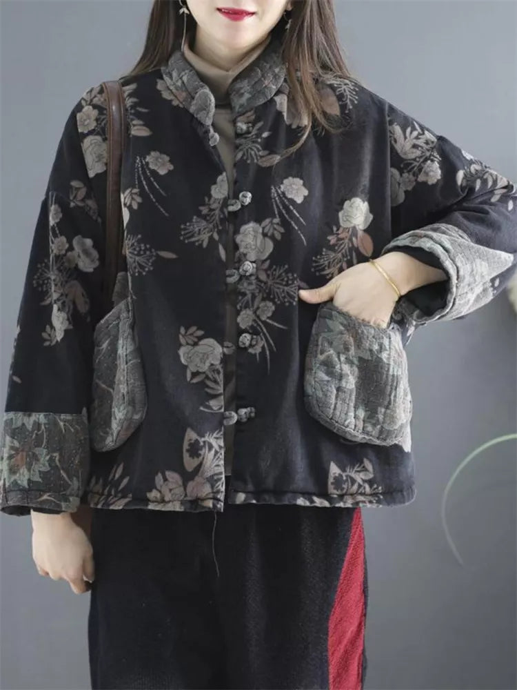 Women's Vintage Floral Print Padded Frog Button Short Jacket