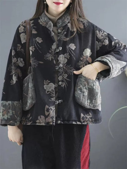 Women's Vintage Floral Print Padded Frog Button Short Jacket