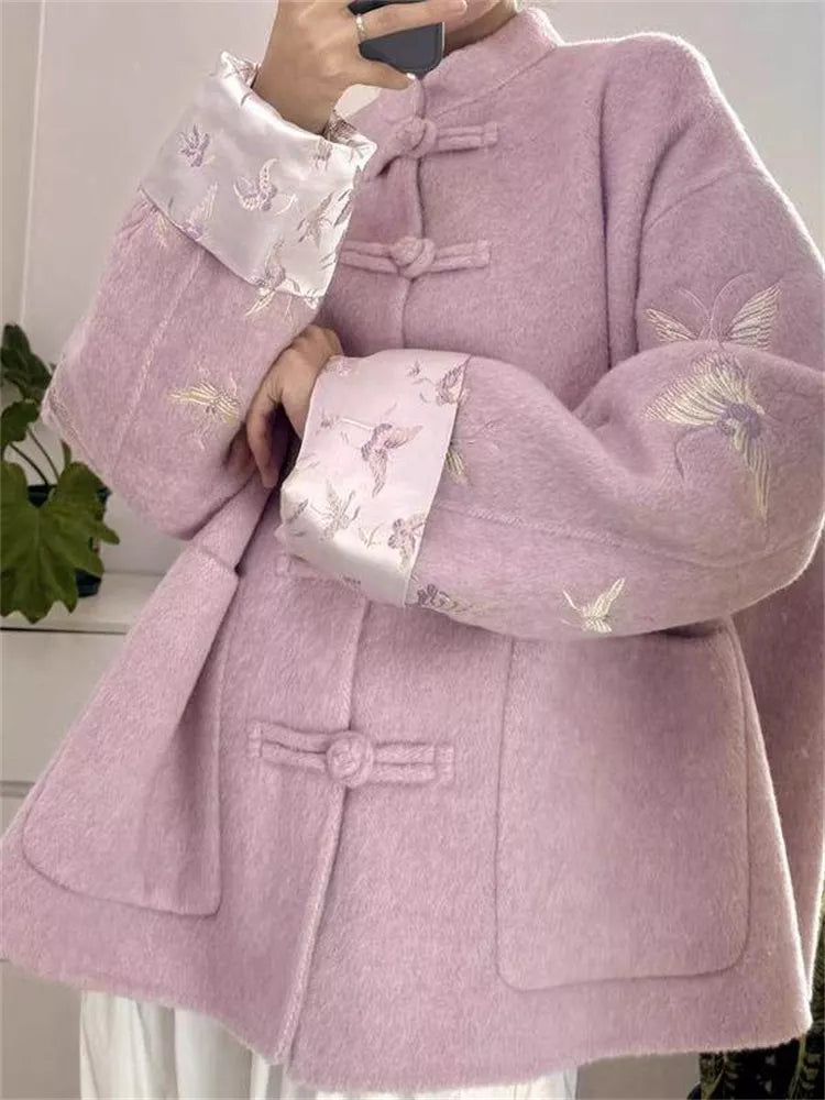 Women's Lilac Purple Faux Wool Chinese Style Coat