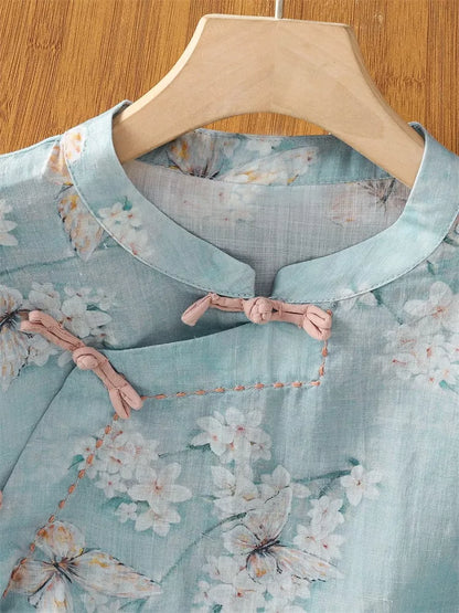 Women's New Chinese Style Lake Blue Ramie Linen Blouse Floral Butterfly Print Diagonal Placket Zen Tea Shirt