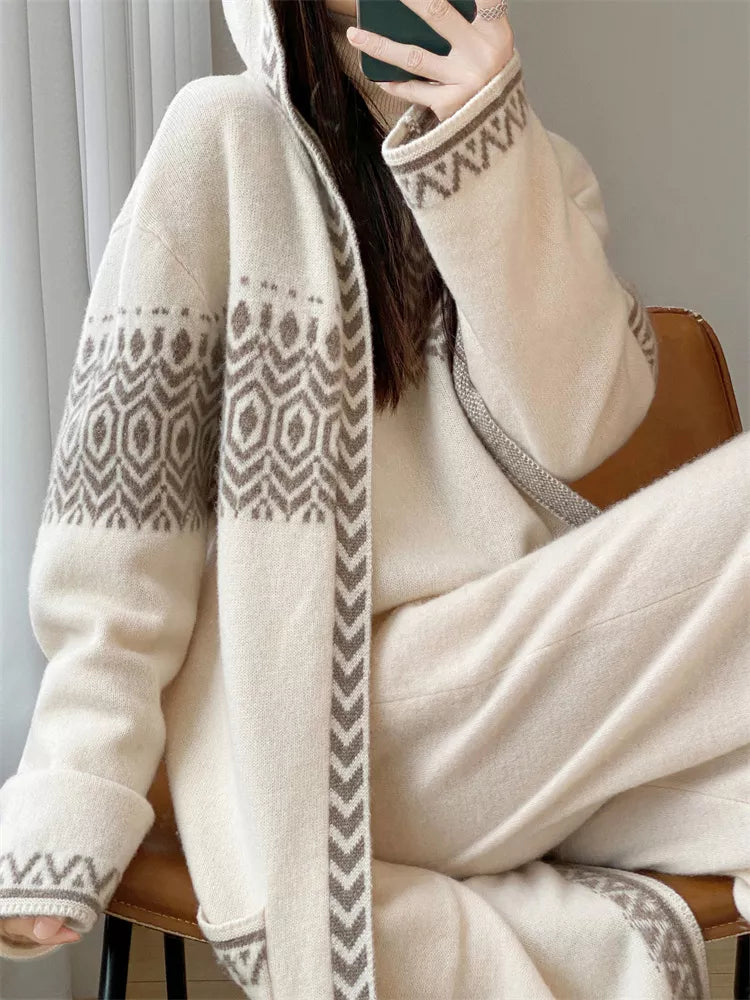 Women's Beige Geometric Jacquard Hooded Long Cardigan