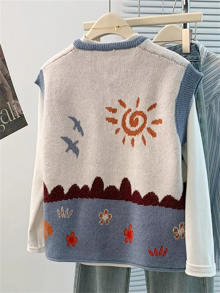 Women's Artistic Landscape Jacquard Knit Vest  Vintage Sun & Bird Pattern Button Down Waistcoat