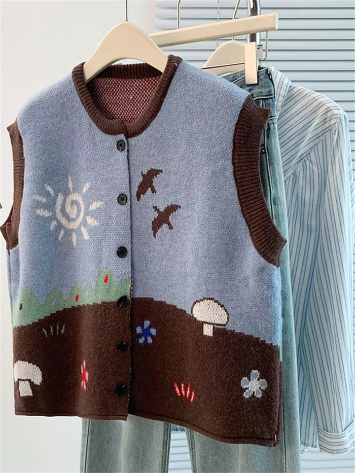 Women's Artistic Landscape Jacquard Knit Vest  Vintage Sun & Bird Pattern Button Down Waistcoat