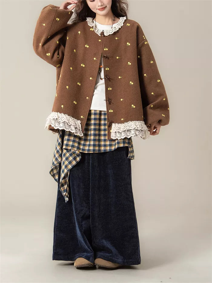 Women's French Sweet Coffee Brown Floral Embroidered Wool Blend Jacket with Lace Trim