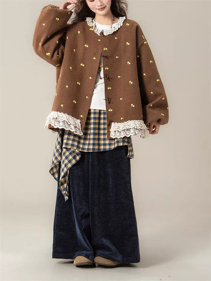 Women's French Sweet Coffee Brown Floral Embroidered Wool Blend Jacket with Lace Trim