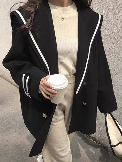 Women's French Vintage White Sailor Collar Coat Double Breasted Faux Cashmere Wool Jacket Preppy Loose Outerwear