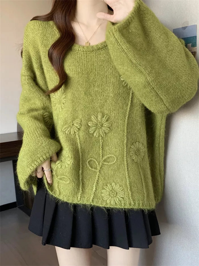 Women's Korean Chic Lime Green Floral Jacquard Knit Sweater Oversized Soft Pullover Winter Top