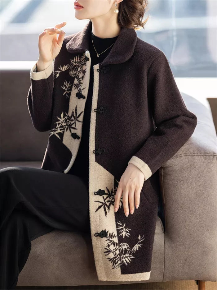 Women's Vintage Chinese Style Bamboo Print Wool Blend Coat Elegant Contrast Frog Button Jacket