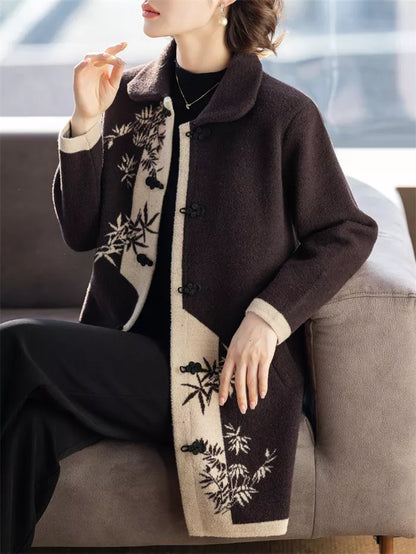 Women's Vintage Chinese Style Bamboo Print Wool Blend Coat Elegant Contrast Frog Button Jacket
