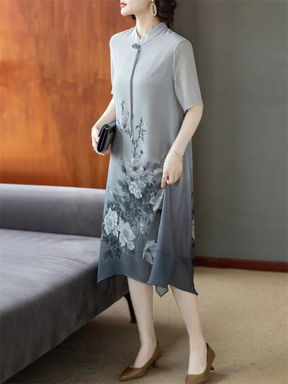 Women's Elegant Grey Ombre Chiffon Midi Dress Chinese Style Ink Floral Print Improved Qipao Summer Loose Dress