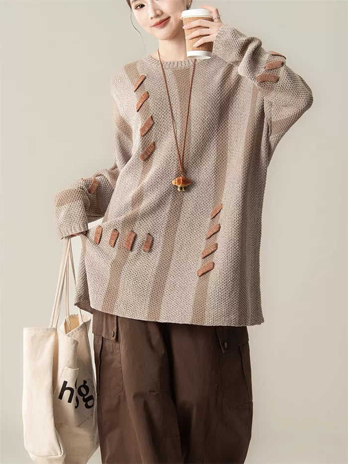 Women's Light Coffee Striped Knit Sweater Artistic Spliced Pullover