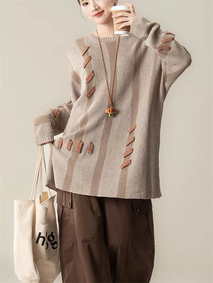 Women's Light Coffee Striped Knit Sweater Artistic Spliced Pullover