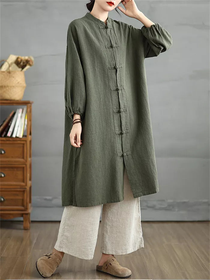 Women's Vintage Cotton Linen Long Coat Chinese Style Frog Button Zen Cardigan Trench Jacket