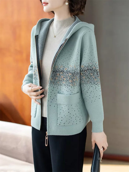 Women's Mint Green Hooded Knit Jacket Casual Zip-Up Cardigan Sweater Coat with Speckled Print