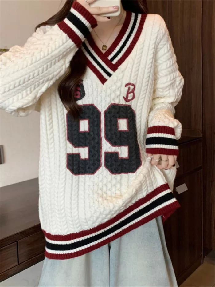 Women's Vintage Preppy Style V-Neck Cable Knit Sweater