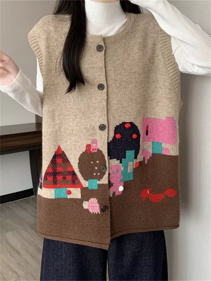 Women's Vintage Green Landscape Jacquard Knit Vest Artistic Button Down Waistcoat