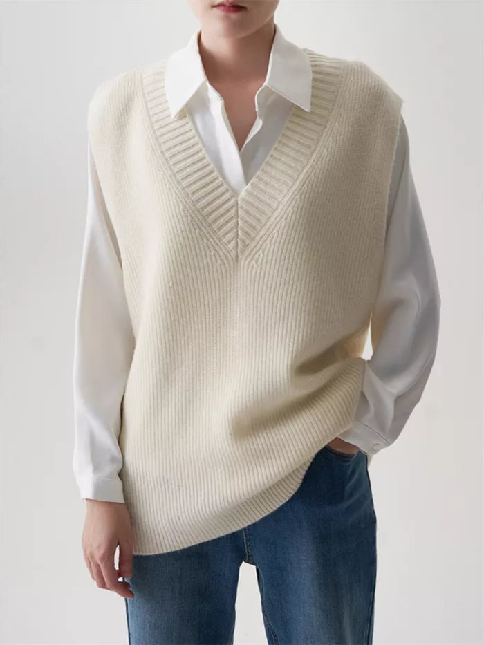 Women's Dark Brown Wool V-Neck Knit Vest Loose Sleeveless Pullover Sweater