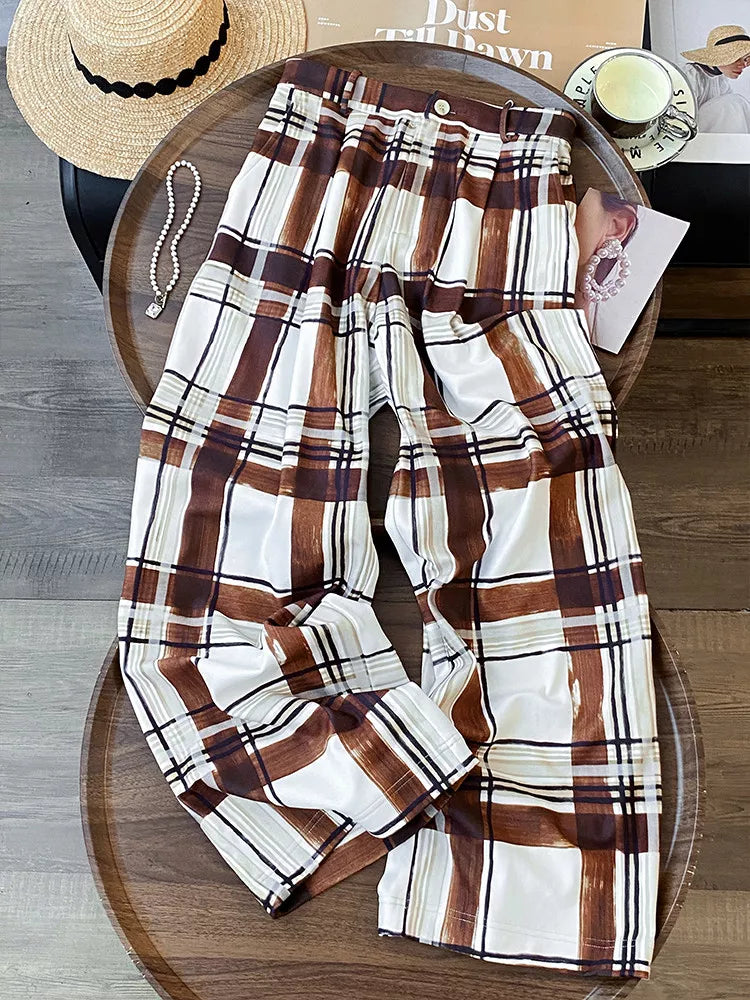 Women's French Vintage Brown Plaid Wide Leg Pants High Waist Thick Straight Trousers