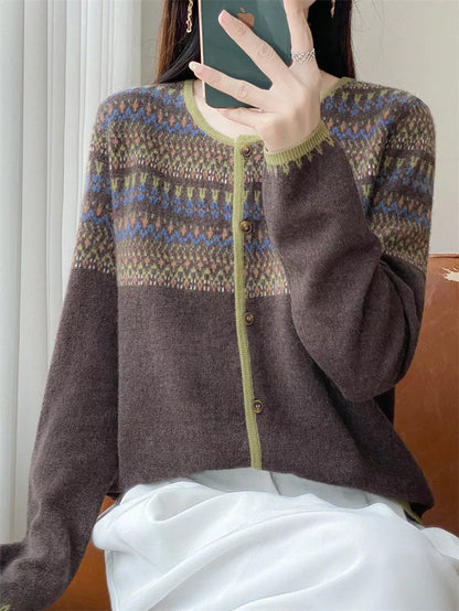 Women's Vintage Ethnic Style Wool Beige Geometric Pattern Crew Neck Cardigan