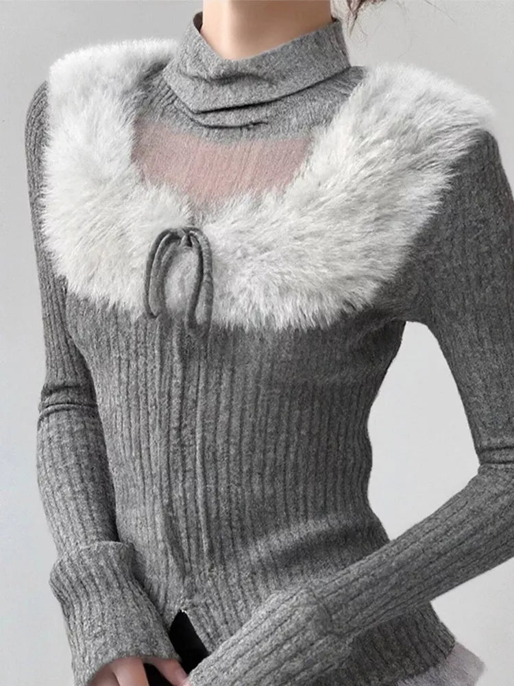 Women's Grey Faux Fur Collar Ribbed Knit Top