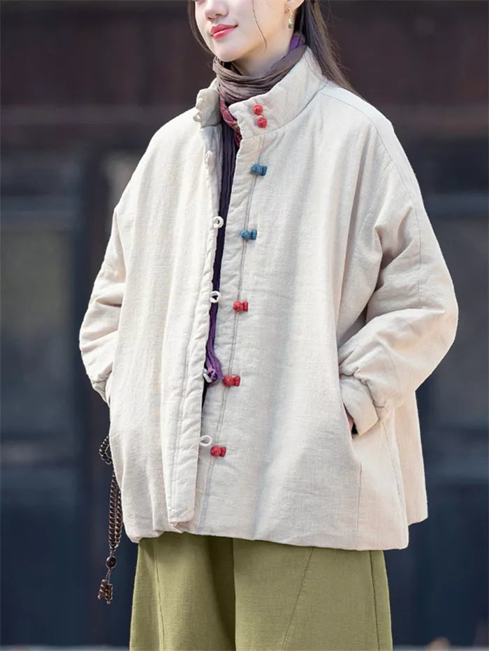 Women's Vintage Cotton Linen Padded Jacket Chinese Style Frog Button Short Coat