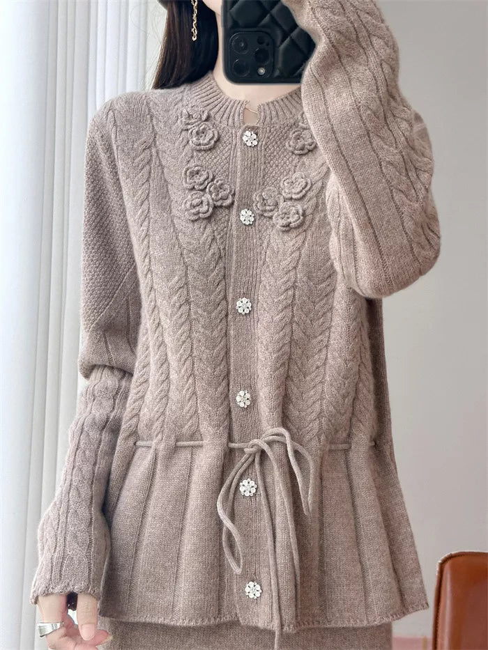 Women's Elegant White 3D Floral Wool Cardigan Drawstring Waist