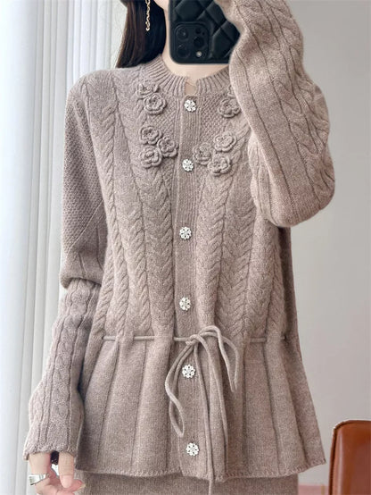 Women's Elegant White 3D Floral Wool Cardigan Drawstring Waist