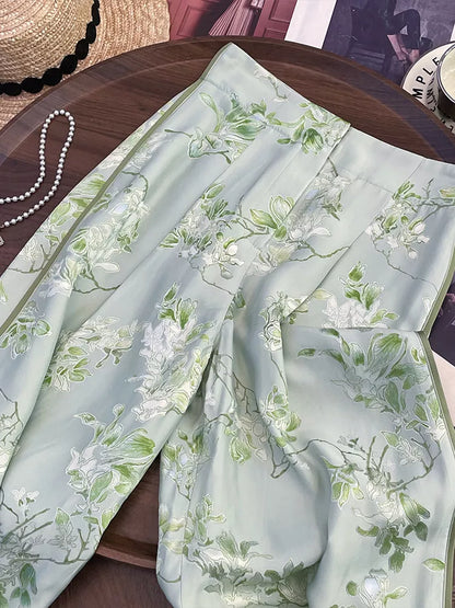 Women's New Chinese Style Green Floral Wide Leg Pants High Waist Satin Vintage Straight Trousers