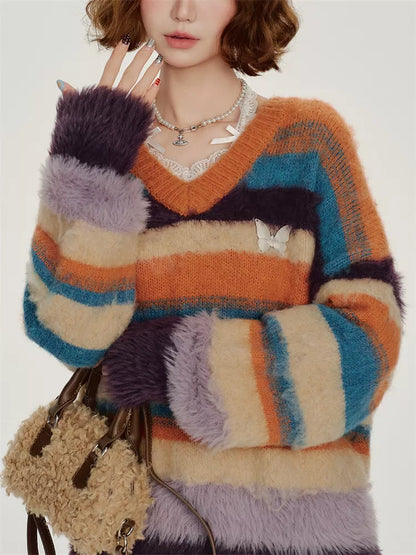 Women's Y2K Vintage Striped Mohair Knit Sweater Oversized V-Neck Fuzzy Pullover
