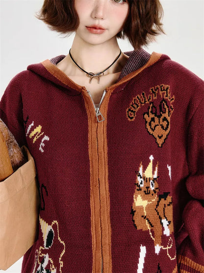 Women's Y2K Burgundy Zip-Up Hooded Cardigan Oversized Cartoon Cat Graphic Knit Jacket