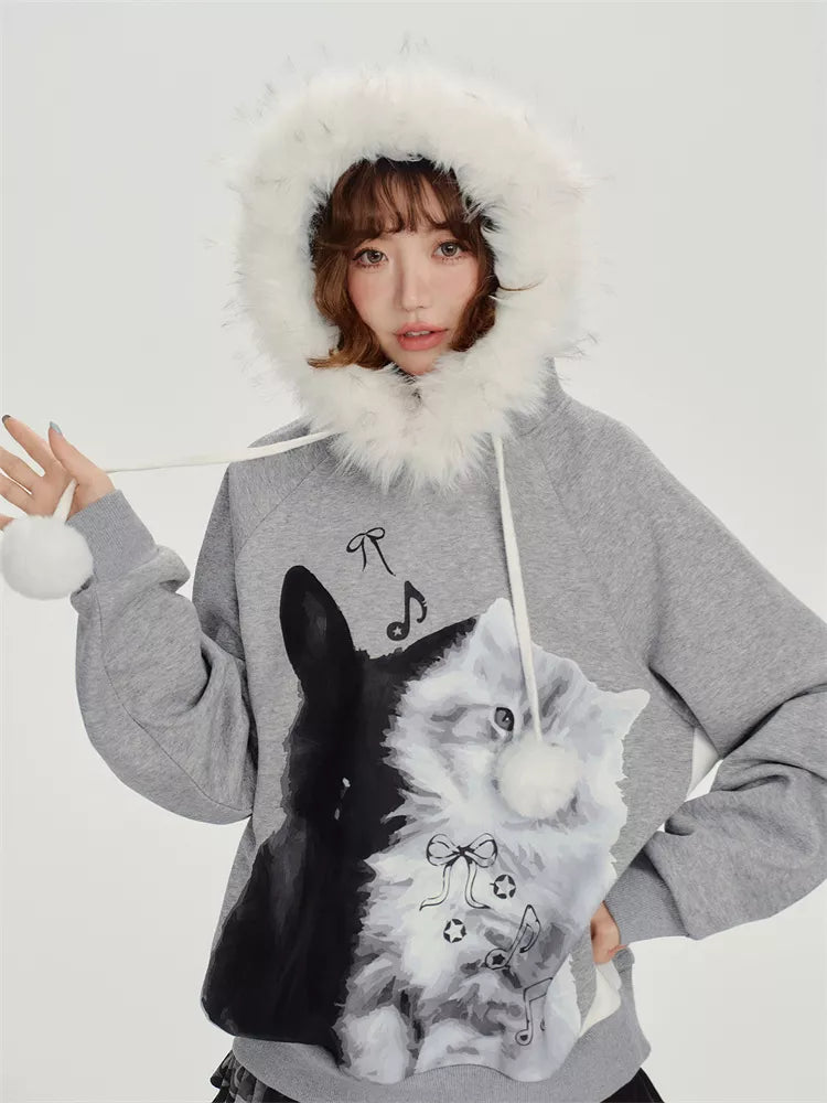 Women's Kawaii Grey Cat Hoodie Faux Fur Trim Pom-pom Drawstring Sweatshirt