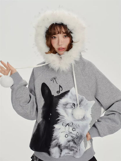 Women's Kawaii Grey Cat Hoodie Faux Fur Trim Pom-pom Drawstring Sweatshirt
