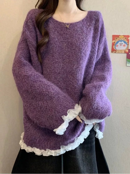 Women's Coffee Fuzzy Knit Sweater with White Ruffle Trim Oversized Soft Pullover