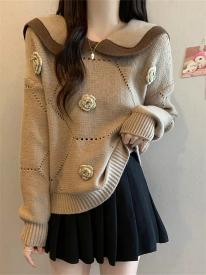 Women's Cute Khaki Sailor Collar Knit Sweater 3D Floral Applique Pullover