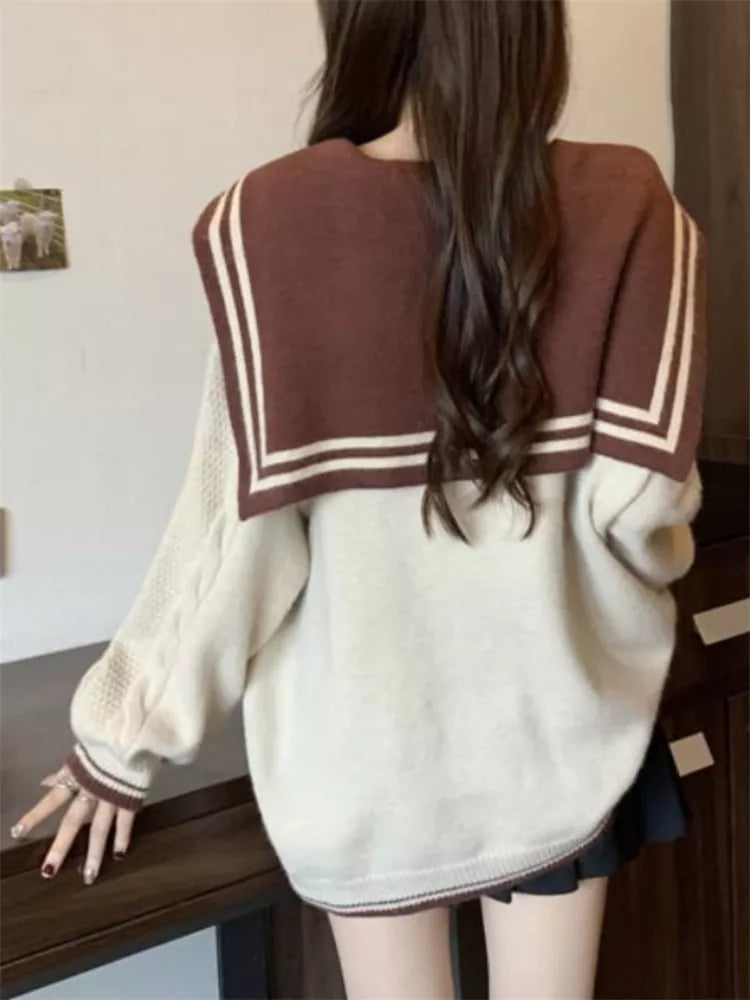 Women's Kawaii Sailor Collar Knit Sweater Cute Paw Print Pocket 3D Flower Pullover